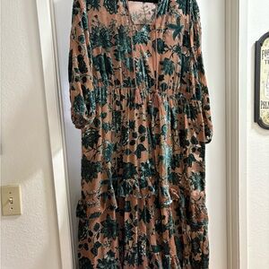 Green and Brown Smocked Tiered Sundress with Bishop Sleeves